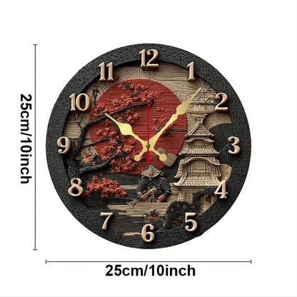 Samurai Themed Wooden Round Silent Hanging Wall Clock, Suitable For Living Room, Office, Study Room, Bedroom, Home Decoration