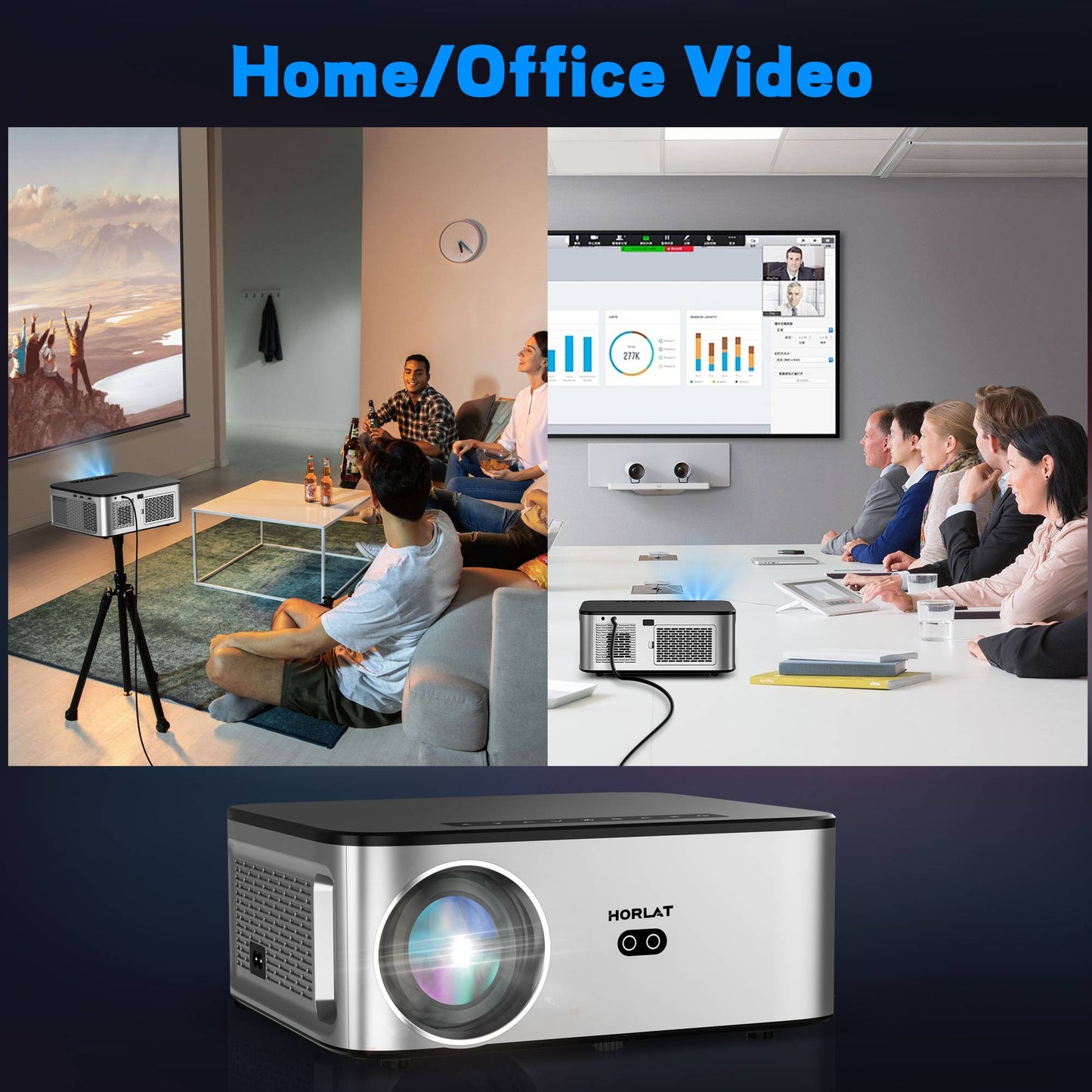 HORLAT 35000Lumens LCD Projector Beamer 8K Support 1080P Native Android Dual Band Wifi 6 Auto Focus Keystone Office Home Theater