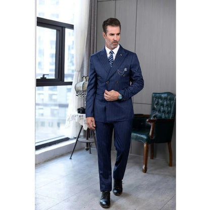 2 Piece Luxury Blue Double Breasted Men Suits Stripe Peak Lapel Flat Front  Jacket Pants Formal Office Business Work Full Sets