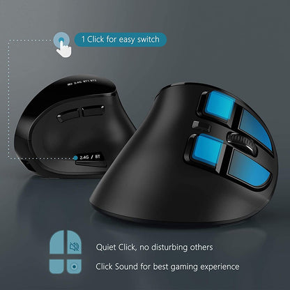 Mouse sem fio vertical Bluetooth para tablet, laptop e notebook, recarregável, USB, sem fio, ergonômico para destros