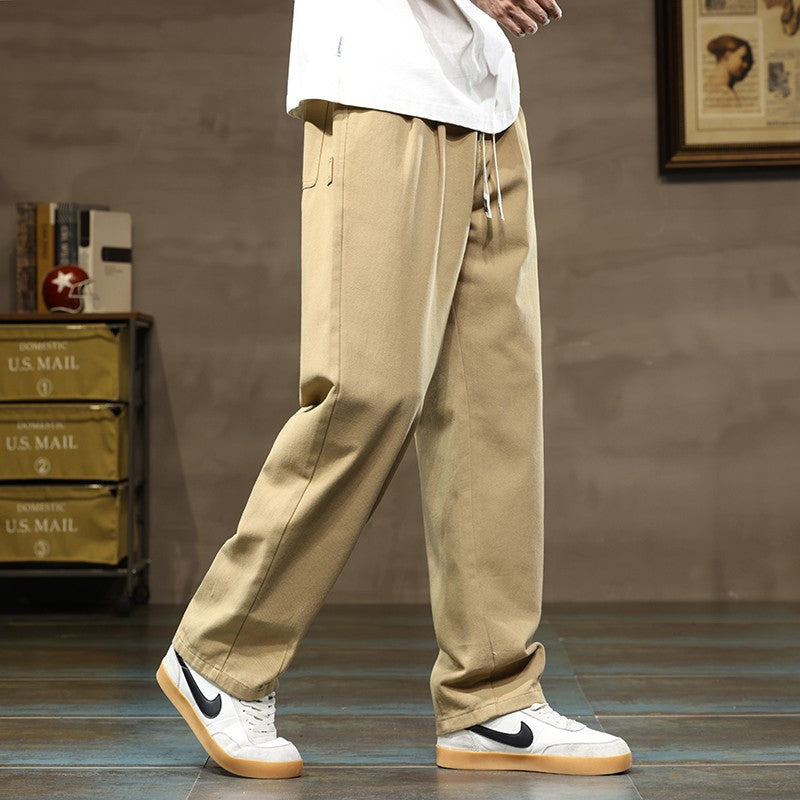 100% Cotton Men's Loose Wide Leg Pants Elastic Waist Fashion ArmyGreen Khaki Korean Streetwear Autumn Straight Trousers