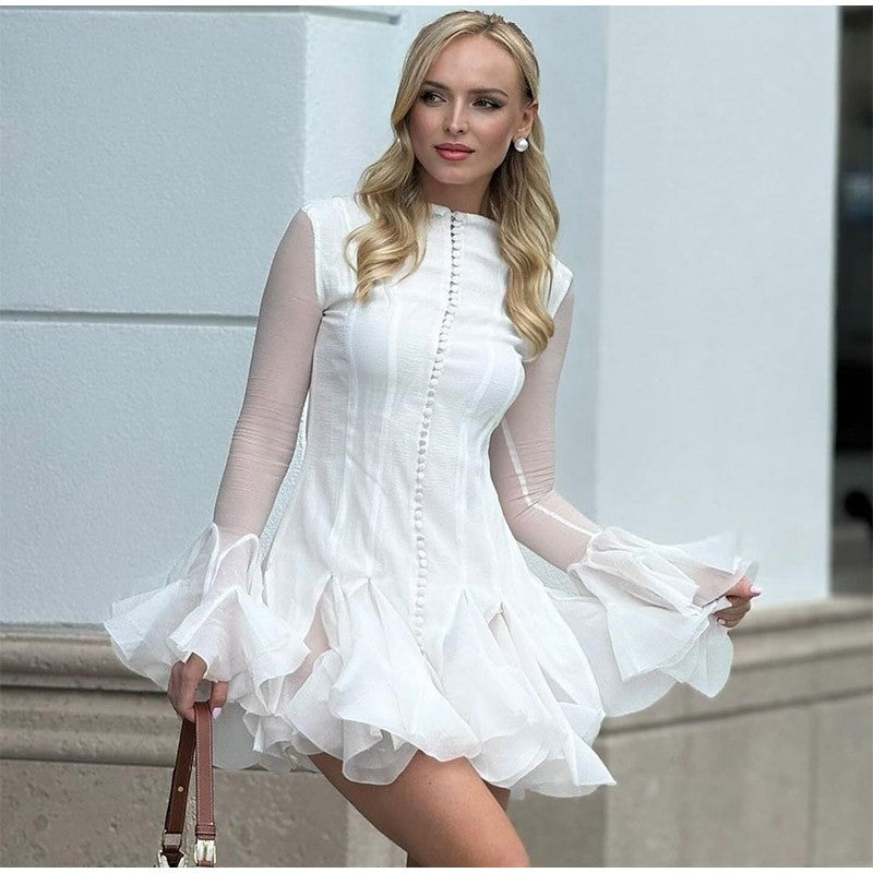 Solid Women Layered Ruffles Midi Dress Fashion Irregular Pleated A-line Long Sle