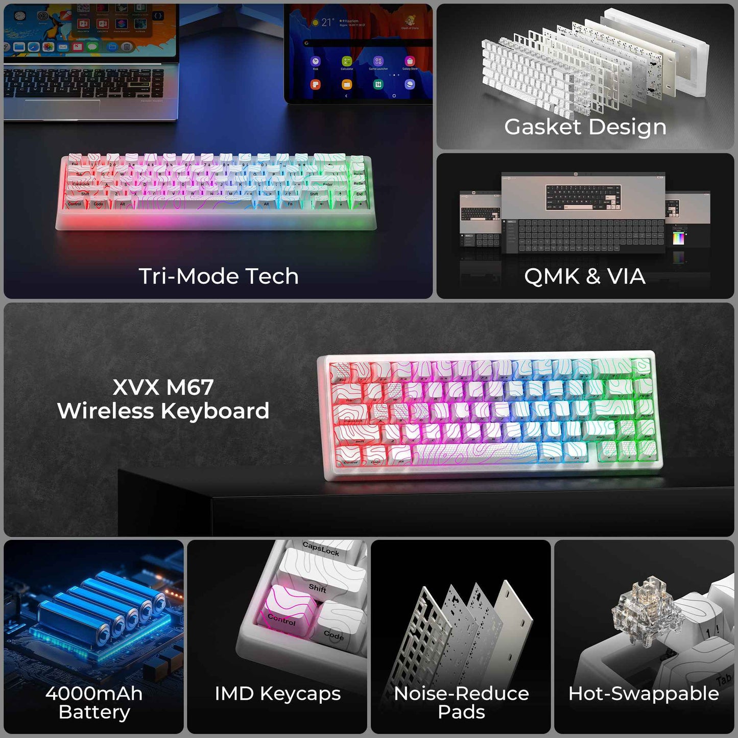 Teclado Mecânico XVX M67 JadeStone com Teclas IMD-Tech Hot Swappable Design Gasket Teclado com Retroiluminação RGB Personalizada Tri-Modo