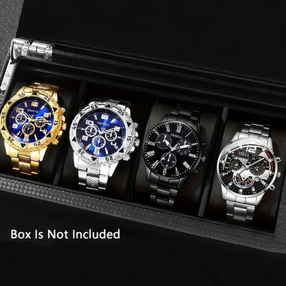 4pcs fashionable men's quartz watch - stainless steel strap, round zinc alloy case, electronic sports