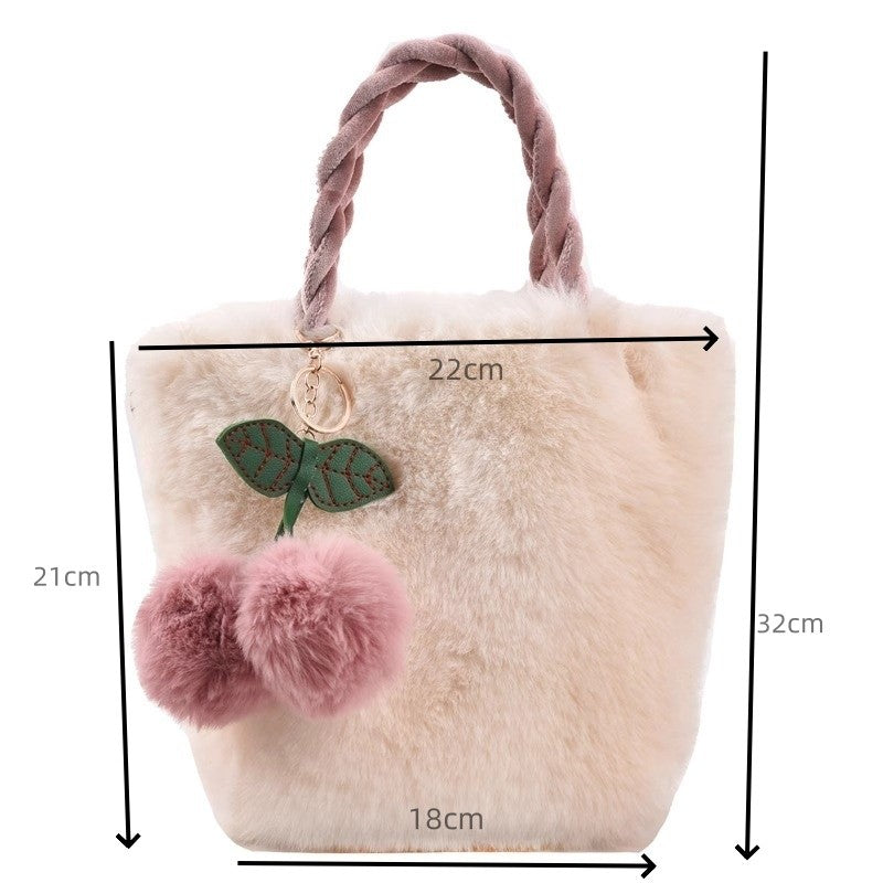 Faux Fur Crossbody Bags for Women Plush Small Purses and Handbag with Pompom Cherry Fluffy String Shoulder Bag Girl Clutch Purse