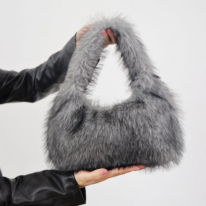 Solid Color Plush Dumpling Bag Simple Style Niche Design Faux Fur Handbag Tote Small Women's Underarm Hobo Bag