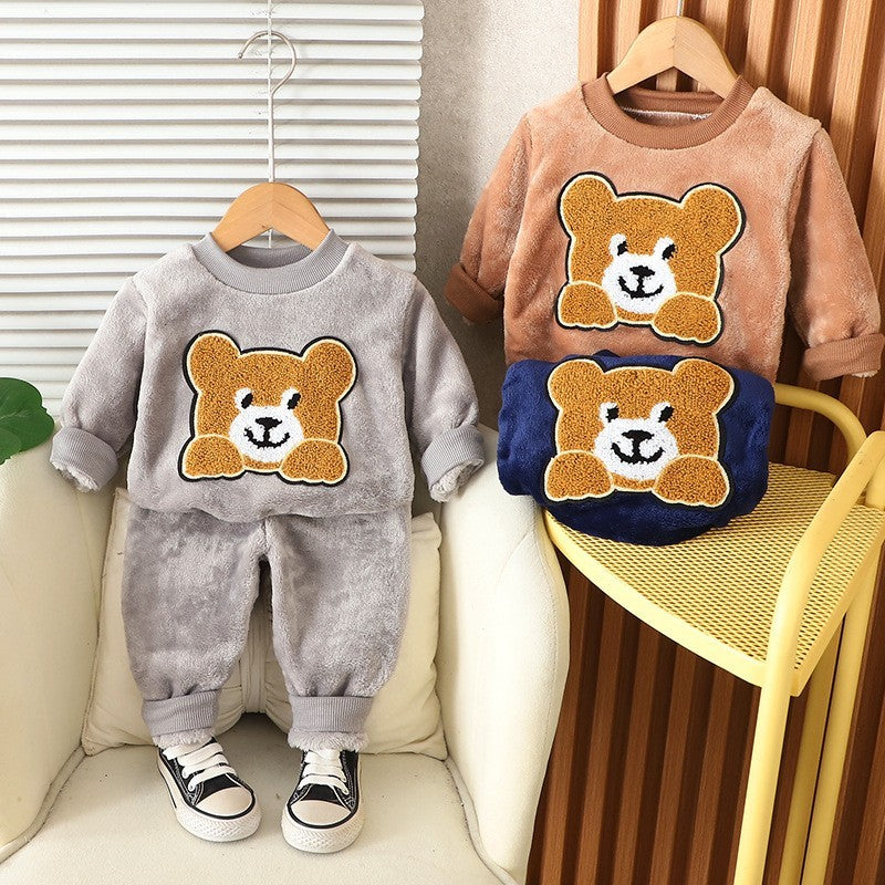 Autumn Winter Baby Boys Homewear Sets Fashion Cartoon Bear Flannel Fleece Clothes for 1-6 Years Kids Sleepwear Children Pajamas