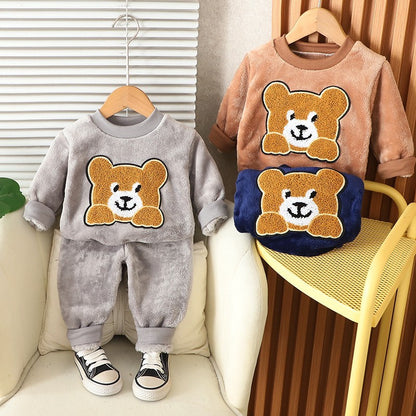 Autumn Winter Baby Boys Homewear Sets Fashion Cartoon Bear Flannel Fleece Clothes for 1-6 Years Kids Sleepwear Children Pajamas