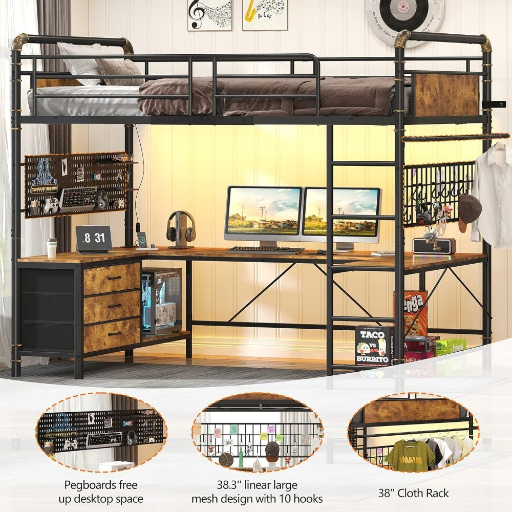 Loft Bed with U-Shaped Desk, Metal Loft Bed with LED Lights, Charging Station, Industrial Heavy Duty Bunk Loft Bed Frame