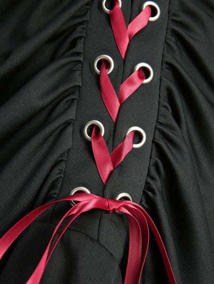 ROSEGAL Plus Size Grommets Lace-Up Ruffles Ruched High-Low Skirt Adjustable Tie Waist Maxi Skirt for Women Oversize Black Skirts