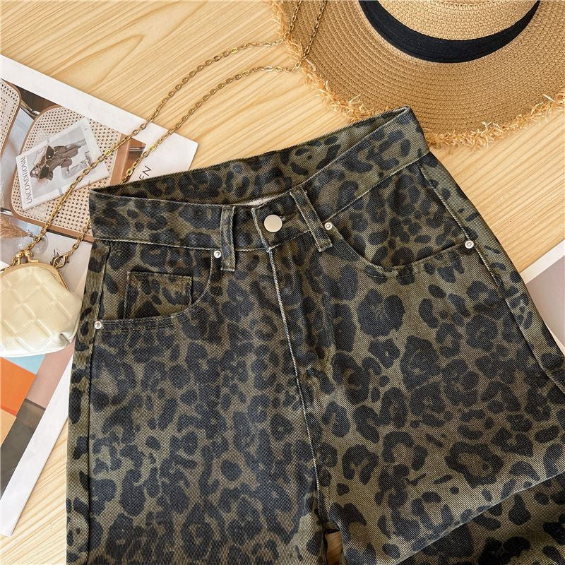 Casual Loose Womens Jeans Retro American Style Leopard Print Design Straight Leg Pants Workwear Fashion Winter  Women's pants