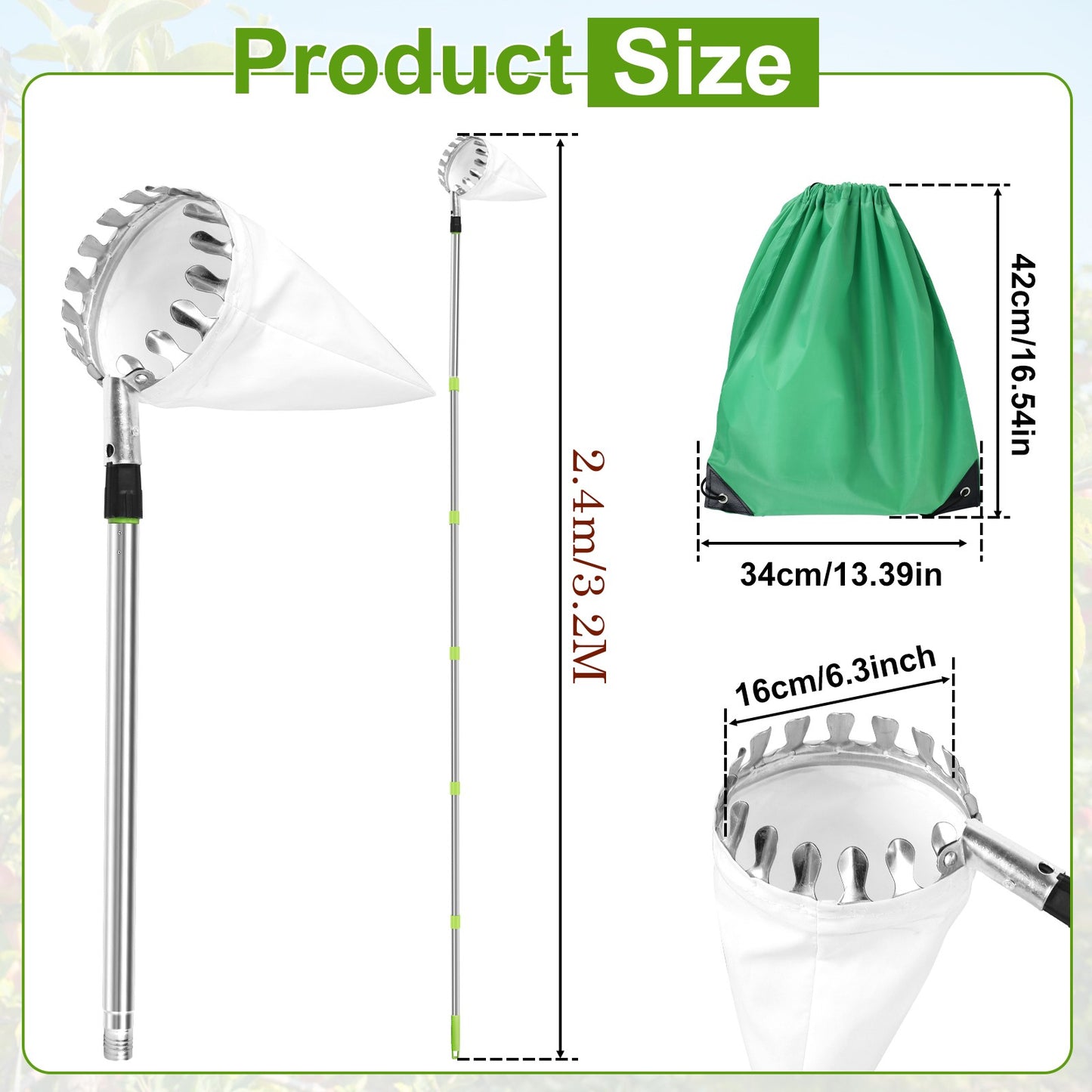 3.2M Fruit Picker Tool Metal Gardening Orchard Picking Tool with Storage Bag Fruit Catcher for Cherry Berry Orange Lemon Pear