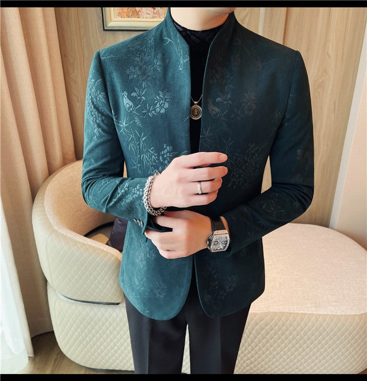 Men's New Chinese Stand Collar Blazer Jacket 2025 Fashion Elegant Printed Slim Fit Business Suits Jacket Tailcoat Men Clothing