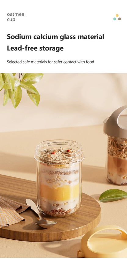 Copo de Aveia Noturna com Tampa e Colher 430ML - Vidro, Selável, Portátil, para Café da Manhã, Cereal, Leite, Salada, Iogurte - Item de Cozinha