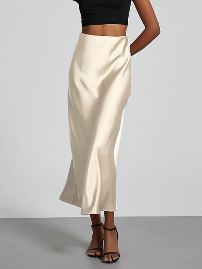 Fashion Satin Party Long Skirt High Waist Solid Color Casual Basic Women Skirts
