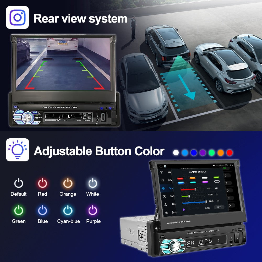 LEHX 1 Din 7inch IPS Retractable Screen Car Radio  Multimedia Player Universal Audio Video Wired CarPlay Android Auto