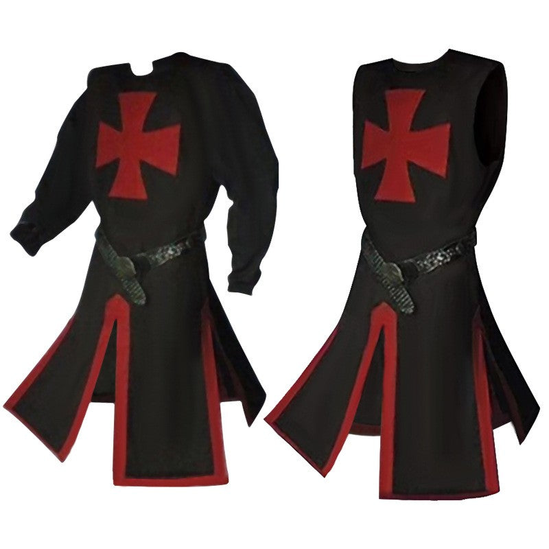 Mens Medieval Crusader Knights Templar Tunic Costumes Renaissance Halloween Surcoat Warrior Black Plague Cloak Cosplay Top