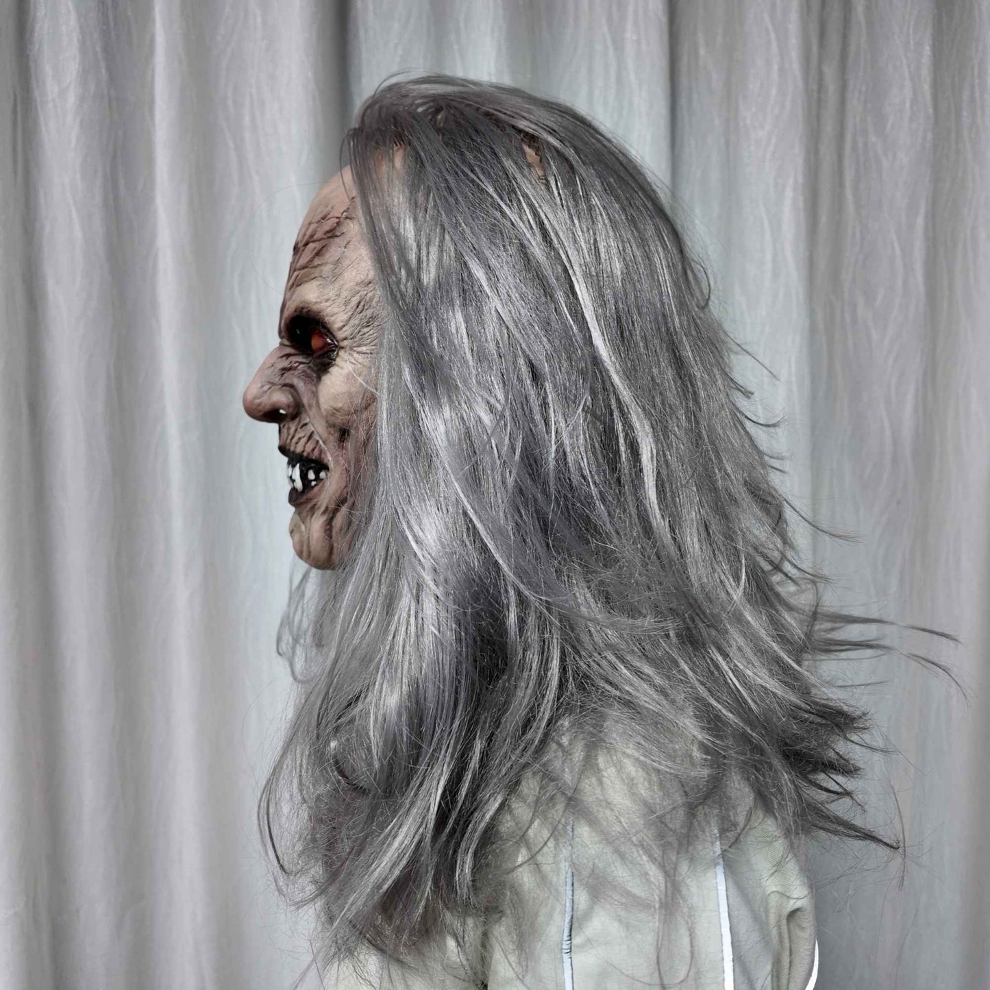 Scary Old Demon Latex Mask Full Head Long Gray Hair Horror Monster Halloween Cosplay Party Prop