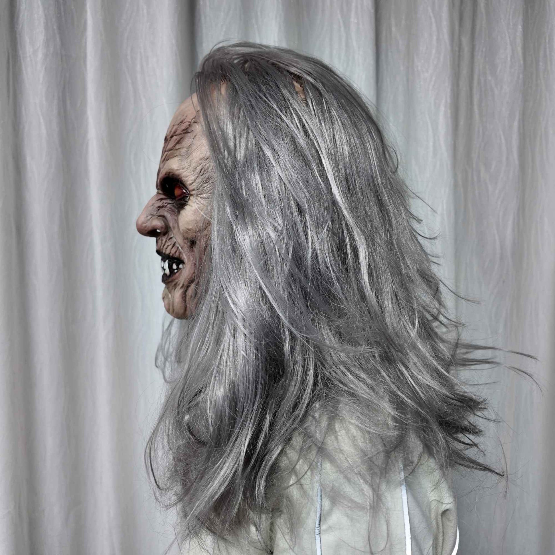 Scary Old Demon Latex Mask Full Head Long Gray Hair Horror Monster Halloween Cosplay Party Prop