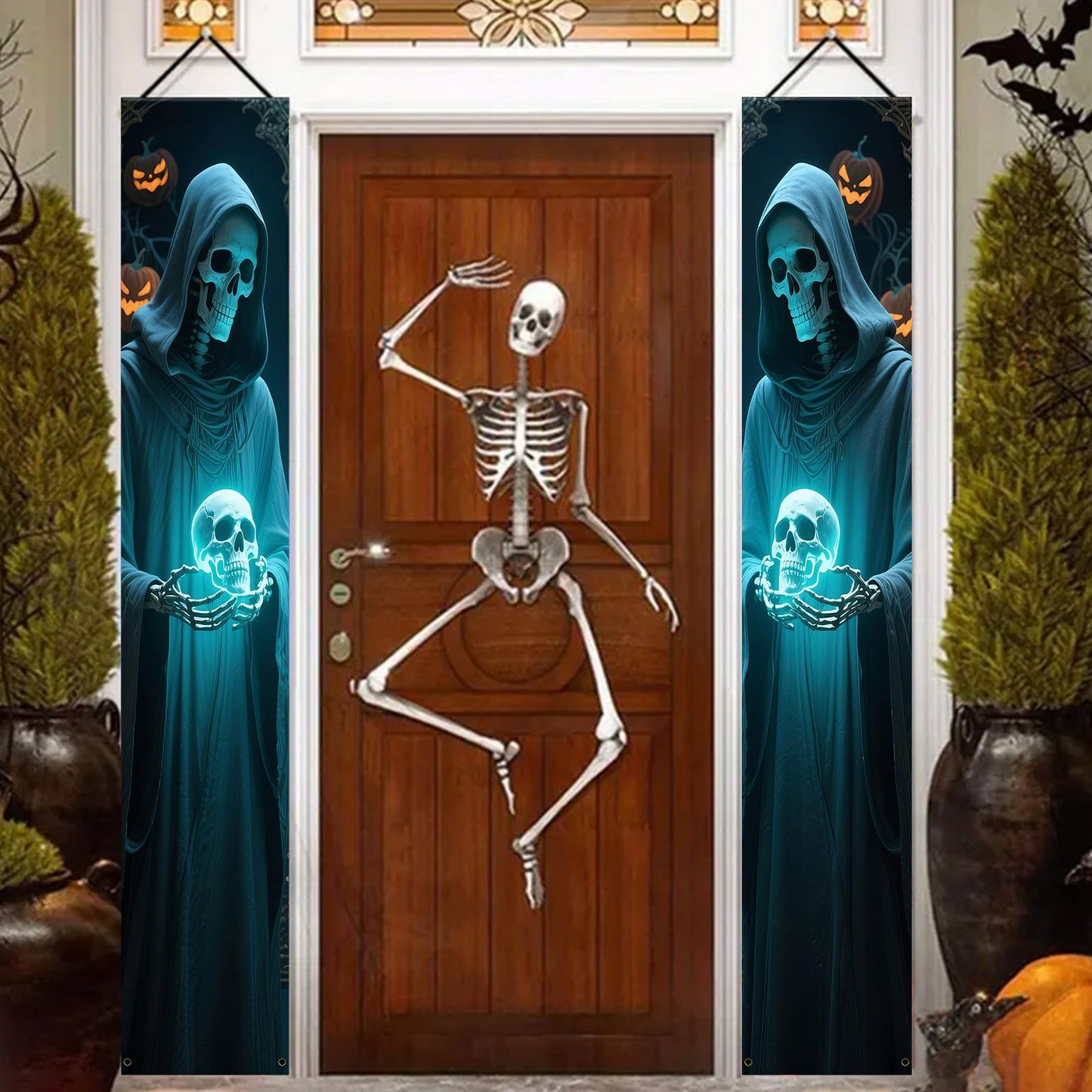 Party Banner,, Halloween Party Decorative Couplets, 2D Hanging Banners with Skeleton Design in Black Robes and Hooded Figures
