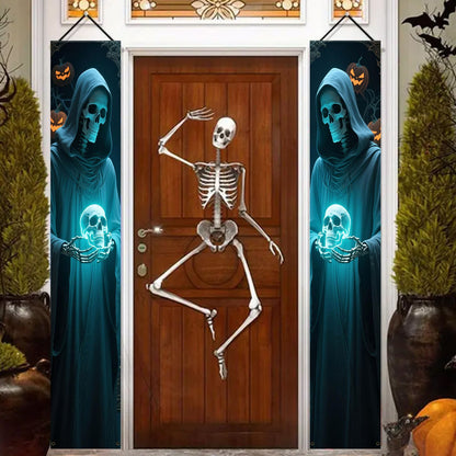 Party Banner,, Halloween Party Decorative Couplets, 2D Hanging Banners with Skeleton Design in Black Robes and Hooded Figures