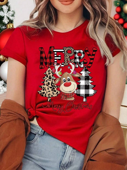 Casual Women Christmas T Shirt Fashion Cute Deer Leopard Christmas Tree Print T-shirt Cartoon Printed Short Sleeve Female T-Shir