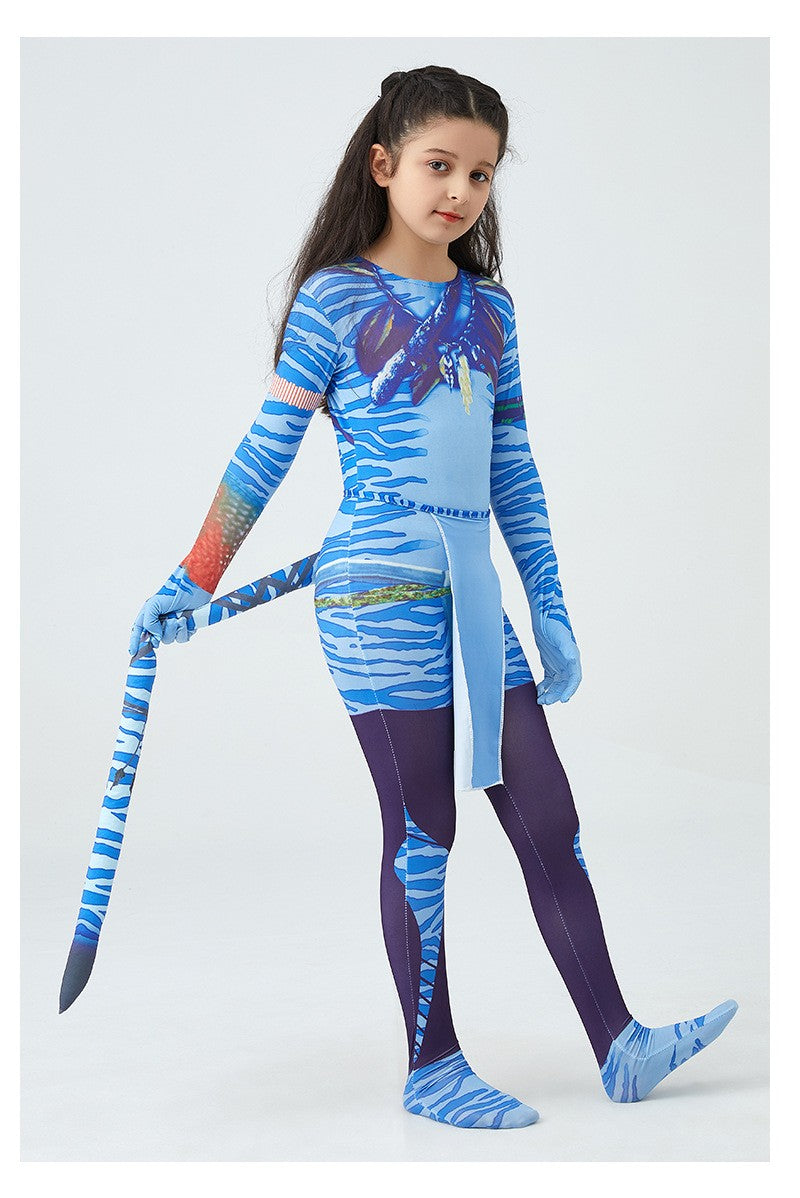 Girls Avatar 2 Neytiri Costume Tail Suit Boys Jake Sully Cosplay Zentai Bodysuit Jumpsuit Kids Halloween Birthday Party Costume