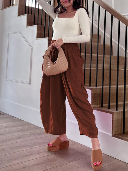 Women's Stretched-waist Pleated High-waisted Wide-leg Trousers Spring Autumn Fashion Cotton Linen Pocket Casual Trousers Woman