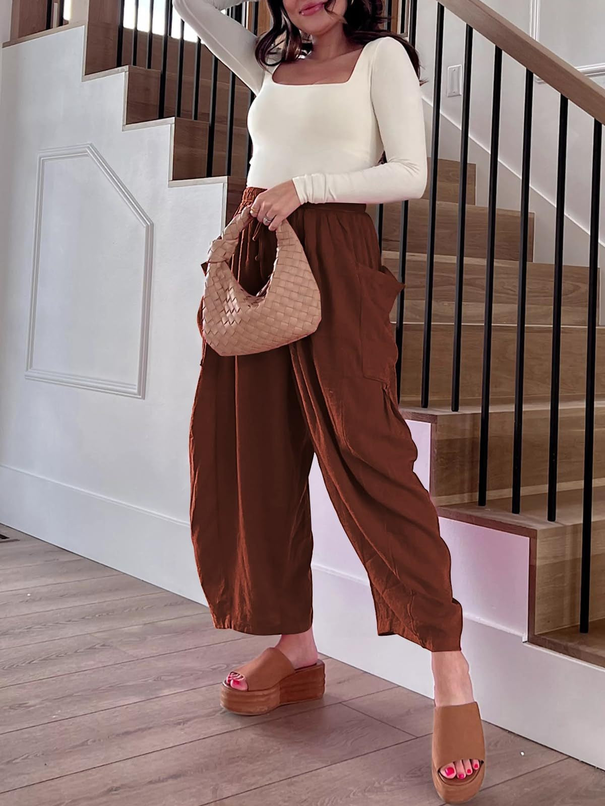 Women's Stretched-waist Pleated High-waisted Wide-leg Trousers Spring Autumn Fashion Cotton Linen Pocket Casual Trousers Woman