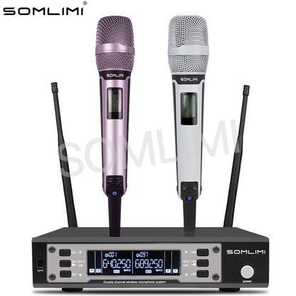 SOMLIMI EW135G4 Sistema de Microfone Sem Fio Duplo UHF Profissional para Palco Desempenho Dinâmico de Longa Distância Metal Portátil