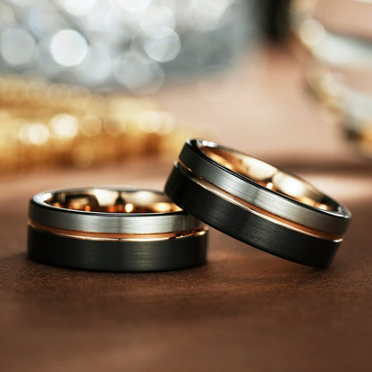 Anéis de Carboneto de Tungstênio Masculino Feminino 8mm Clássico Moda Rosa Dourado Canelado Martelado Anéis de Casamento para Casais Namoro Aniversário