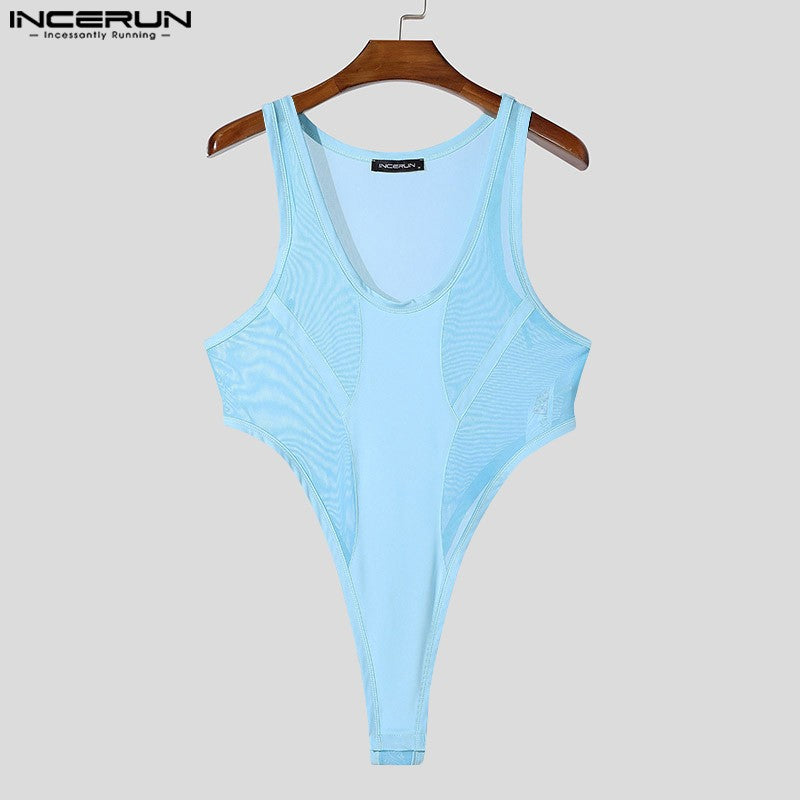 INCERUN American Style Bodysuits Fashion Mens Mesh Splicing Side High Slit Triangle Jumpsuits Sexy Homewear Sleeveless Jumpsuits