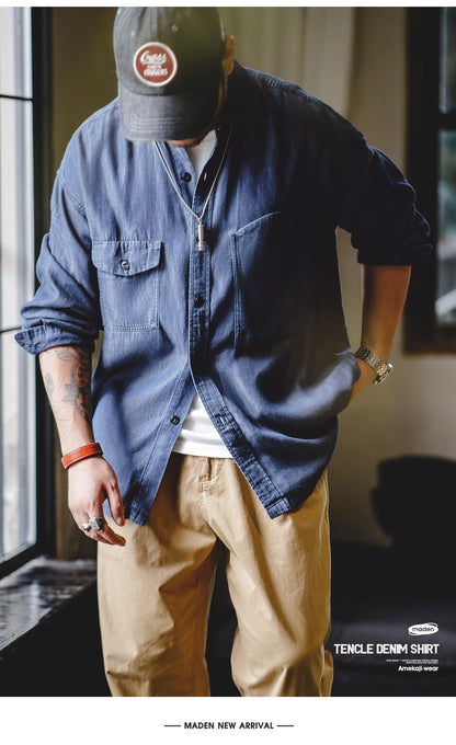 Maden Vintage Denim Shirt for Men's Spring Lightweight CPO Long Sleeve Shirt Lyocell Casual Thin Blue Lapel Collar Blouse