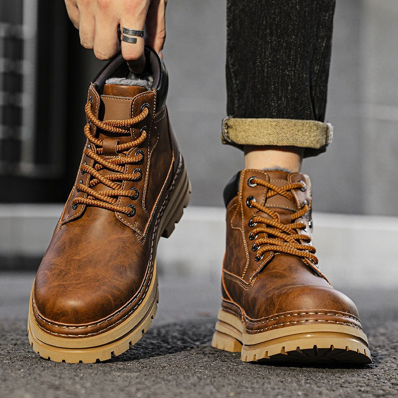 Leather Ankle Boots Stylish Walking Shoes Outdoor Men Casual Footwear Winter Plush Snow Boots New Trendl Mens High Top Shoes