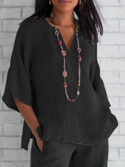 Women's Cotton Shirt 2024 Summer V-Neck Loose Casual Blouse Women  Top Femme ?????? ??????? Bluzki Damskie Letnie Black Blouse