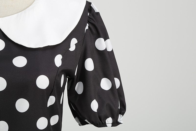 Elegant Women Summer Dress Puff Short Sleeve Polka Dot Peter pan Collar Vintage A-line Midi Long Party Sundress