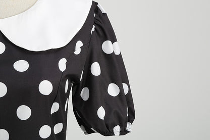 Elegant Women Summer Dress Puff Short Sleeve Polka Dot Peter pan Collar Vintage A-line Midi Long Party Sundress
