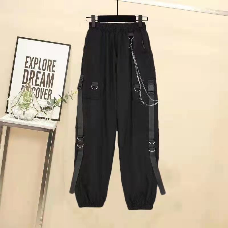 Unisex Student Workwear Outfit, Baggy Black Cargo Pants Set with White Short Shirt, Korean Loose Fit Street Style 2PC Coords