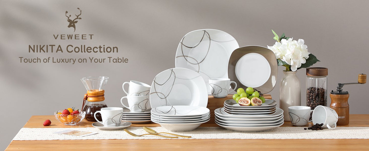 Conjunto de Louça de 30 Peças Marfim Branco Linhas Marrons Porcelana Fina Cerâmica Conjuntos Combinados de Pratos de Sobremesa/Pratos Fundos/Pratos Rasos