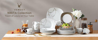 Conjunto de Louça de 30 Peças Marfim Branco Linhas Marrons Porcelana Fina Cerâmica Conjuntos Combinados de Pratos de Sobremesa/Pratos Fundos/Pratos Rasos