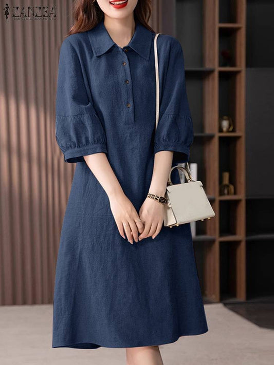ZANZEA Women Cotton Shirt Dress 2024 Summer Lapel Neck Dresses Korean Office 3/4