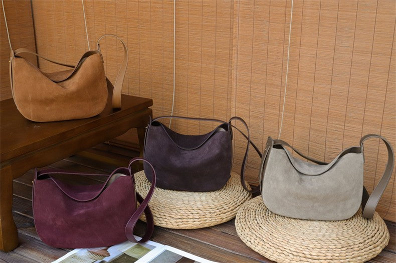Burminsa Suede Genuine Leather Hobo Shoulder Bags For Women 2025 Luxury Designer Crescent Crossbody Purses Work Ladies Handbags