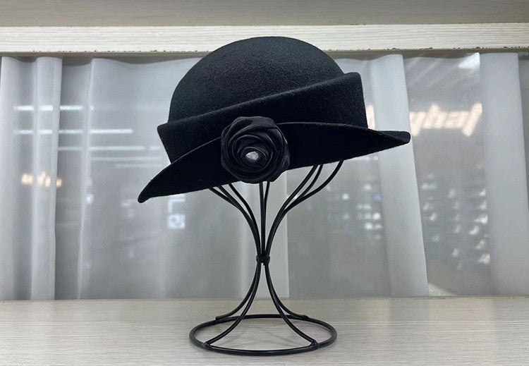 French light luxury Australian wool felt hat Hepburn style camellia flower small brim basin hat women elegant banquet top hat