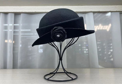 French light luxury Australian wool felt hat Hepburn style camellia flower small brim basin hat women elegant banquet top hat