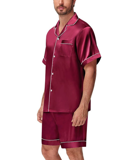 Men's Luxury Satin Pajama Set Short Sleeve Lapel Front Buttons Top And Elastic Shorts Comfortable Fit Loungewear Sleepwear Pjs