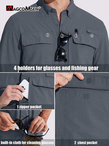 MAGCOMSEN Sun Protection Shirt Quick Dry Long Sleeve Mesh Breathable Shirt Multi Pockets Fishing Shirts Hiking Work Cargo Shirts