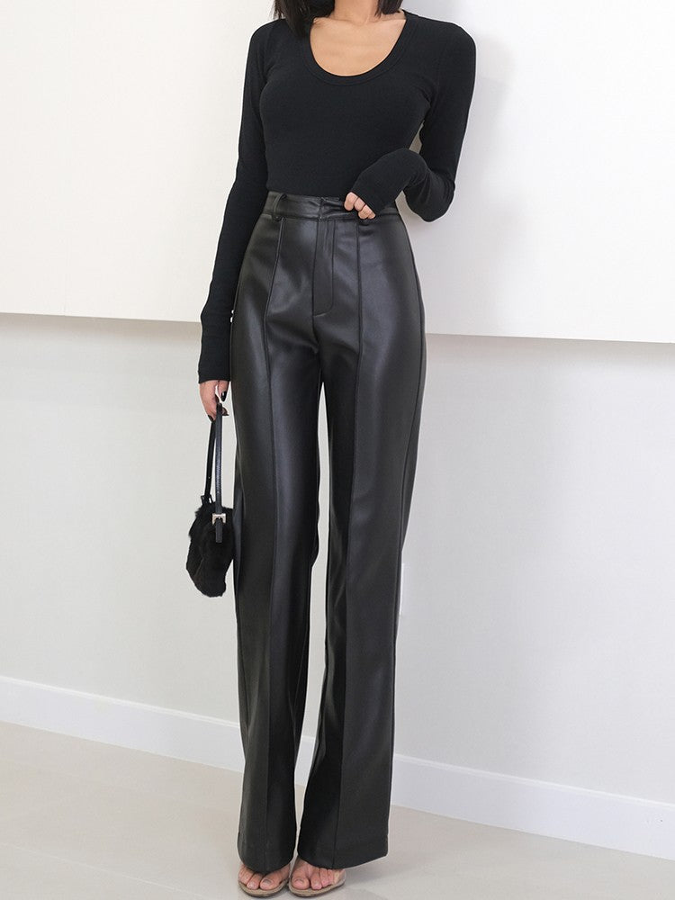 Lautaro Spring Autumn Long Black Soft Pu Leather Pants Women with Zipper High Waist Casual Elegant Straight Leg Trousers 2022