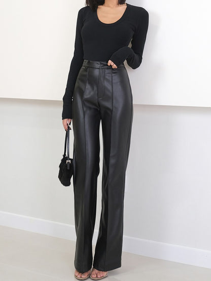 Lautaro Spring Autumn Long Black Soft Pu Leather Pants Women with Zipper High Waist Casual Elegant Straight Leg Trousers 2022