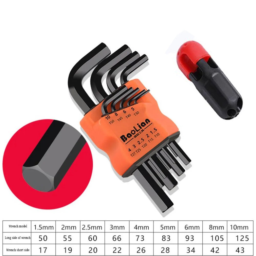 Jogo de Chaves Allen de 9 Peças, Chave Quadrada, Chave Torx, Chave Hexagonal Interna Longa com Ponta Esférica e Cabo T de 1,5 - 10 mm