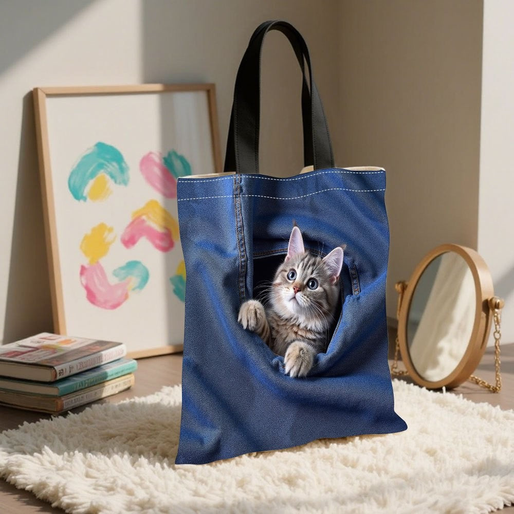 Storage Bag Cat Peeking Through Jeans Pocket Pattern Handbag Cute Animal Tote Bags Suitable for Shopping Traveling Shoulder Bag